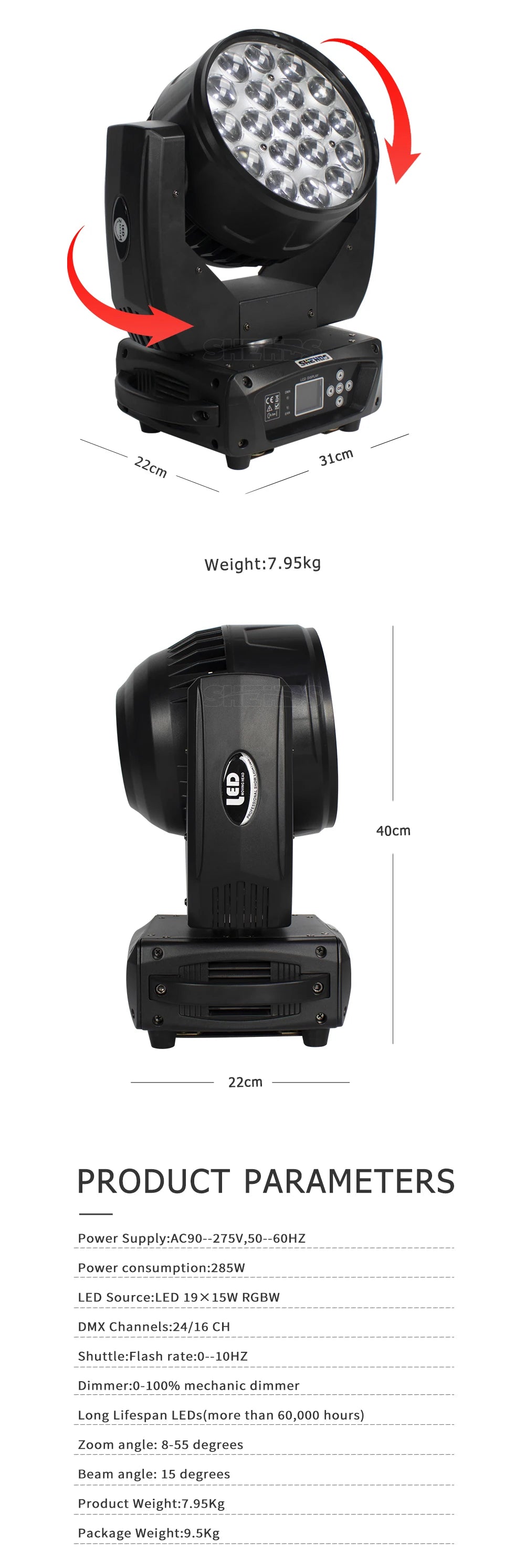 SHEHDS LED Zoom 19x15W RGBW Moving Head Light Beam Wash Effect Flight Case for DJ Disco Christmas Concerts Weddings Parties
