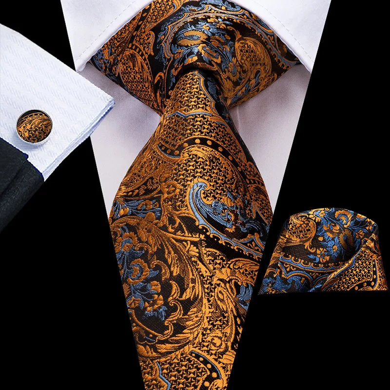 Hi-Tie Seiden-Herren-Krawatten-Set Blumenmuster Gelb Gold Krawatten und Taschentücher Manschettenknöpfe-Set Herren-Hochzeits-Party-Anzug-Mode-Halskrawatte C-3053
