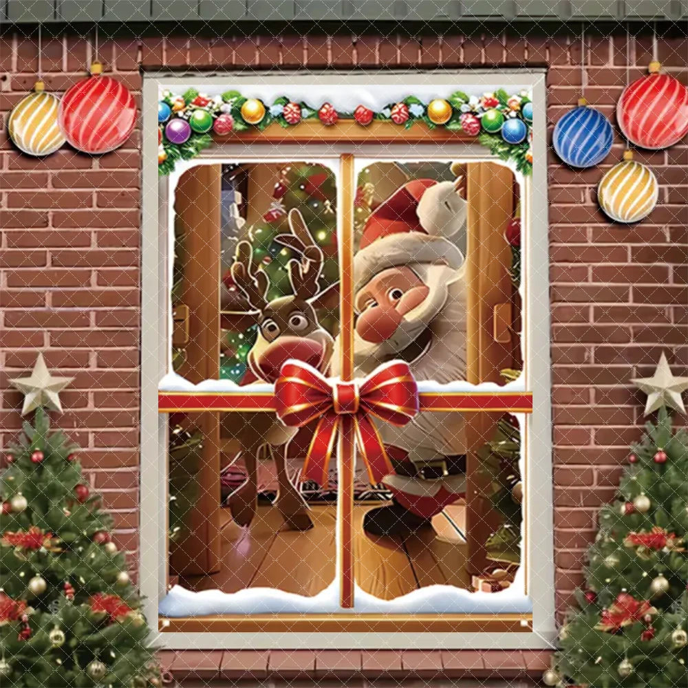Merry Christmas Door Banner Santa Claus Window Hanging Christmas Tree Snowman Backdrop Cute Elf Room Supplies Party Decorations