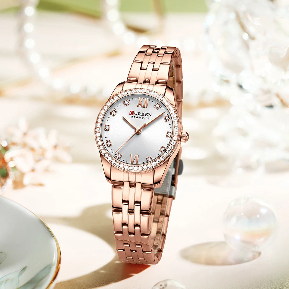CURREN Luxus Uhr Damen Ring Halskette Ohrringe - Strass Mode Armbanduhr Weiblich Casual Damen Uhren Armband 5-teiliges Set