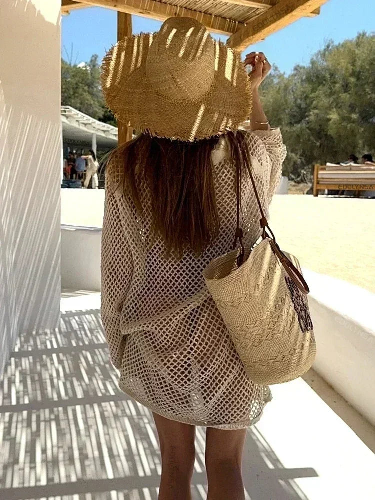 Einfarbig Strand Stricken Mini Kleid - Frauen Sommer Elegant Dekorative Details Langarm - Badeanzug Cover Up Boho Urlaub Lose Beachwear