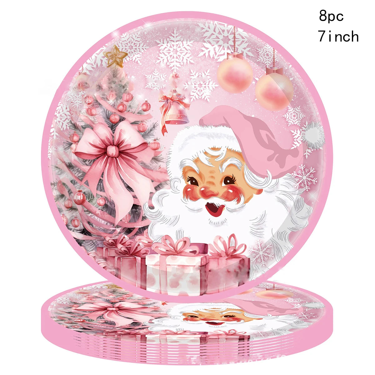 8Guests Pink Christmas Santa Claus Disposable Tableware Snowflake Santa Merry Christmas Decor 2025 Feliz Navidad Happy New Year