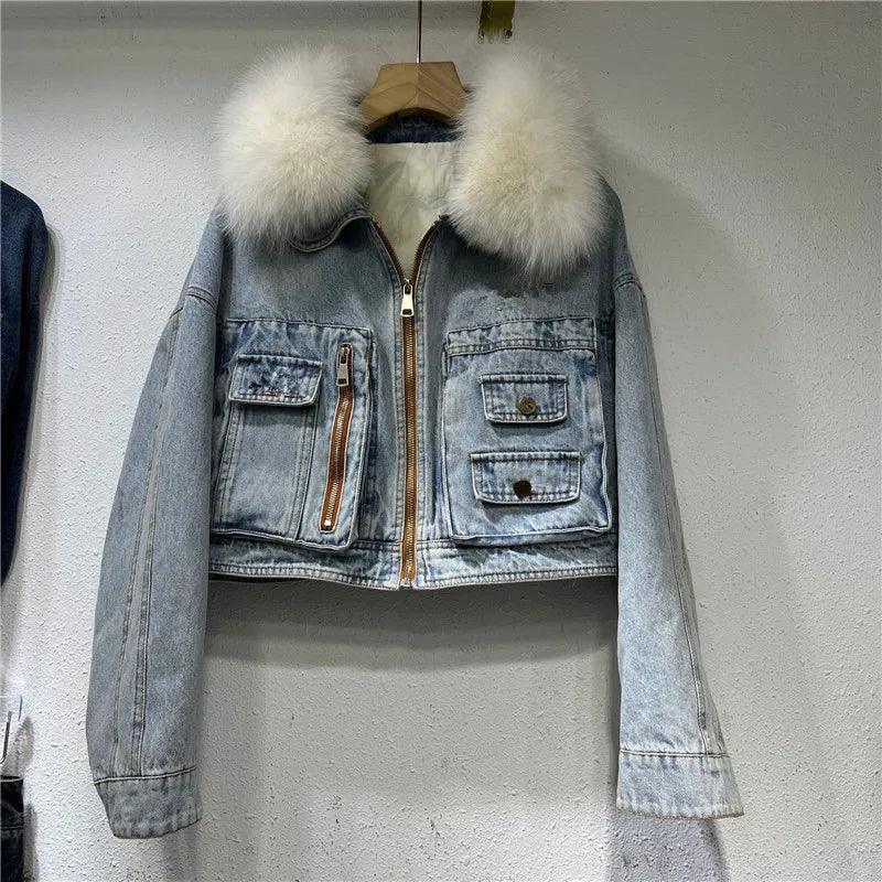 Real Fox fur thick warm denim parkas female winter coat