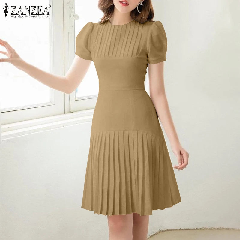 Elegant Office Lady Dresses 2025 Summer Dress ZANZEA Women Elegant Short Puff Sleeve Pleated Party Vestidos Knee Length Robe
