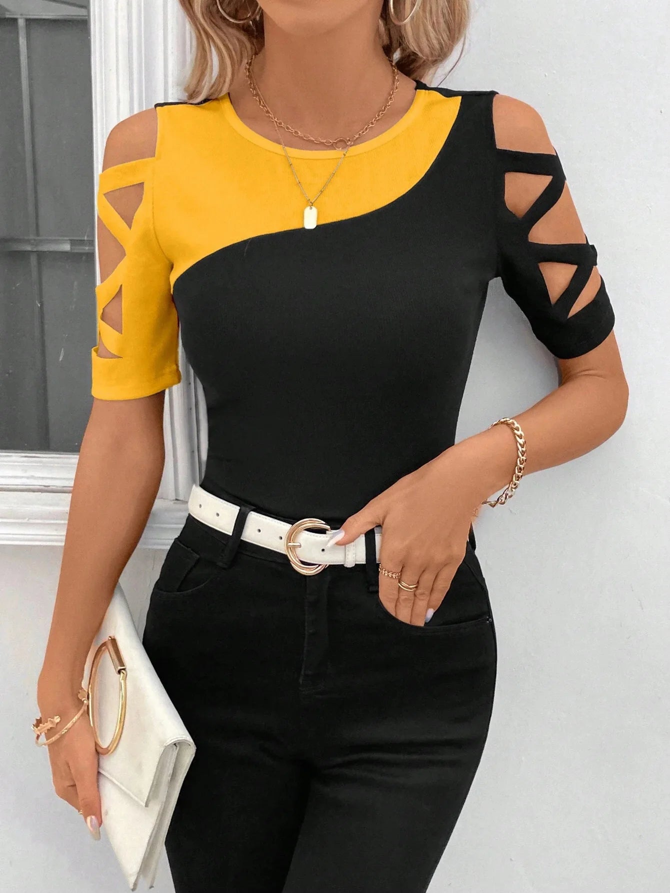 Women's T-shirt Slim Color Block Office Fashion Street Top Hollow Short Sleeve Tight Tees for Women