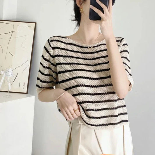 Short-sleeved T-shirt Top for Women in Summer One-length Design Thin Style Elegant Ice Silk Knitted Sweater