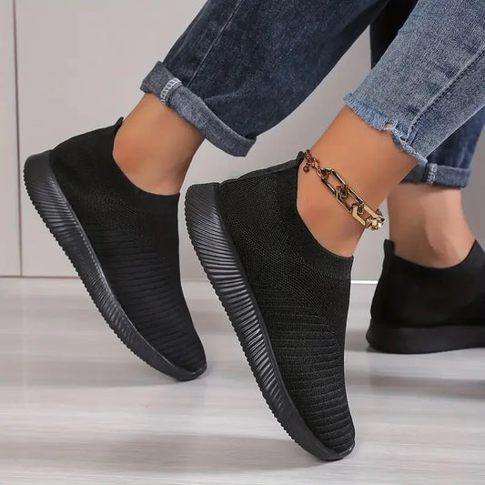 Women's Solid Color Sneakers Breathable Flying Woven Outdoor Shoes Lightweight Low Top Running Shoes