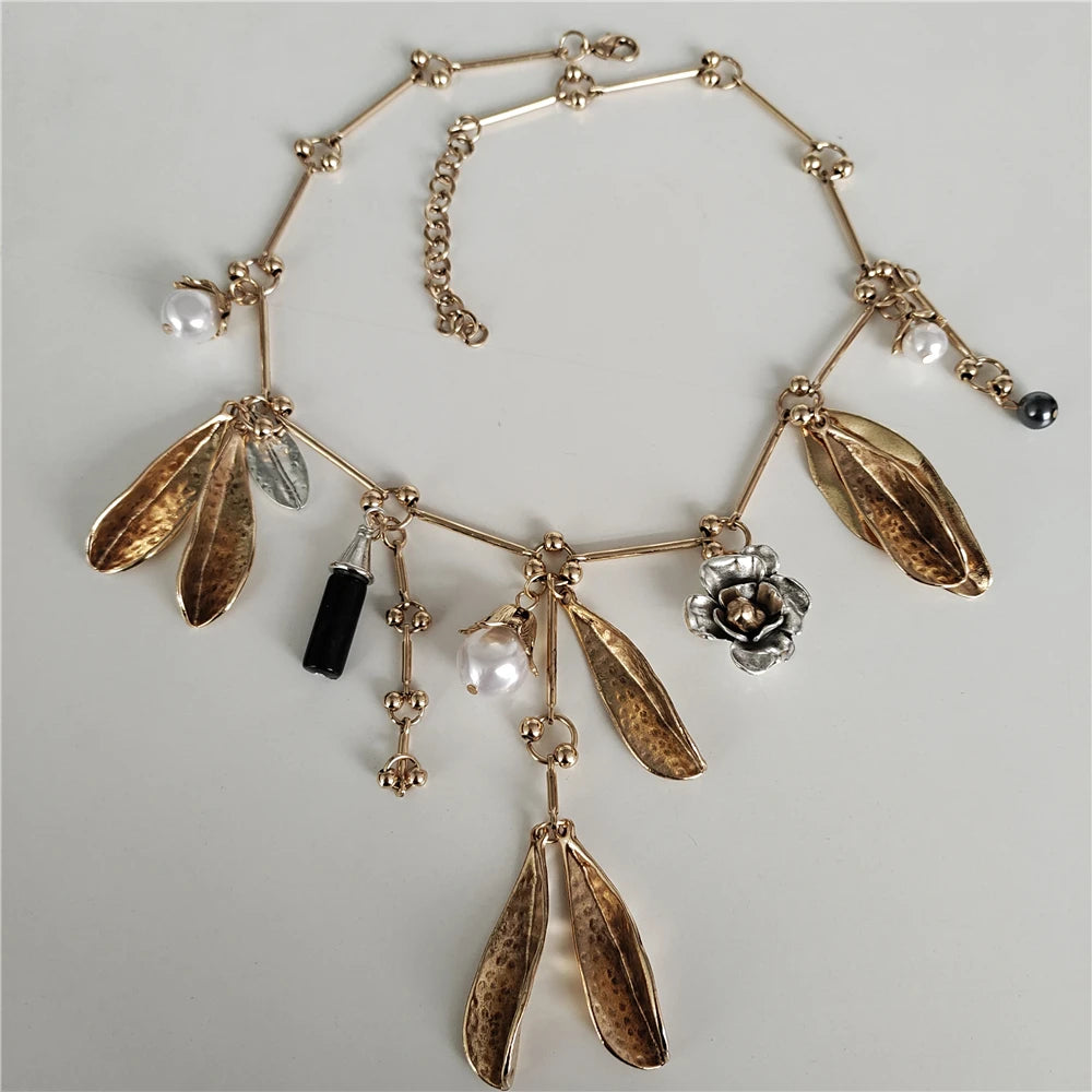 Colier cu frunze de perle PPG PGG Boho - Aliaj de zinc, aur