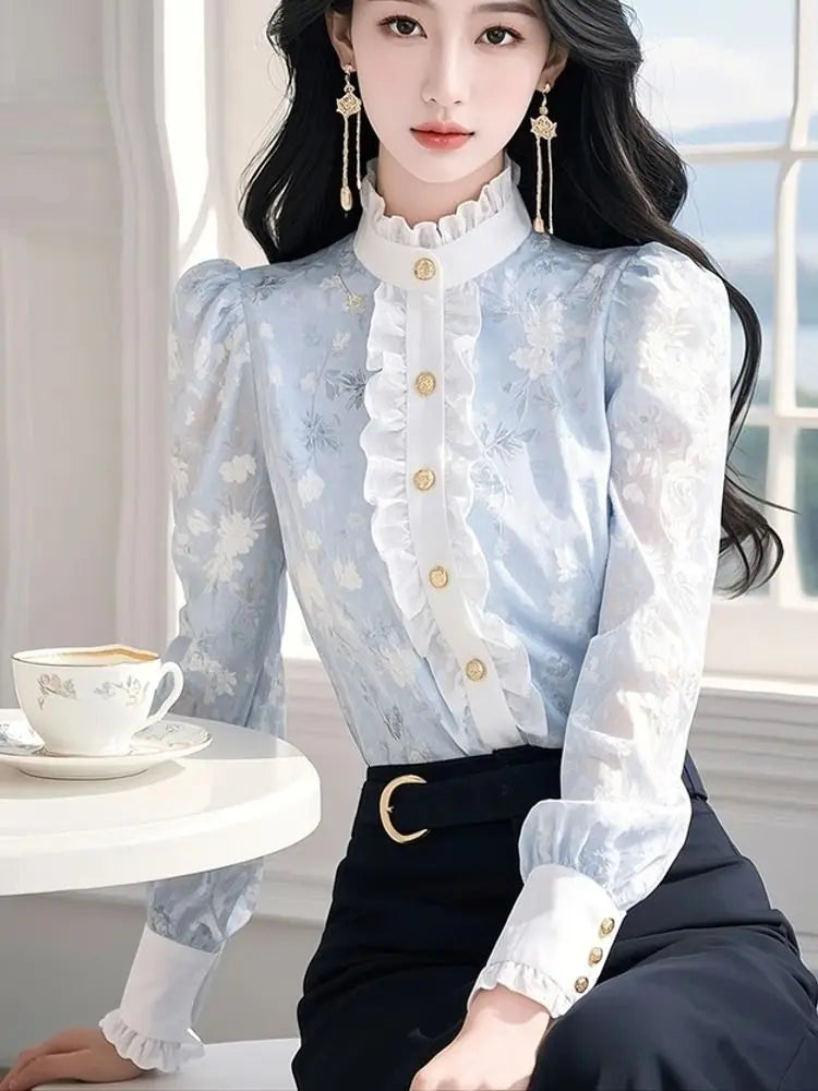 Blue Floral Chiffon Shirt with Ears for Women Spring 2025 New Top