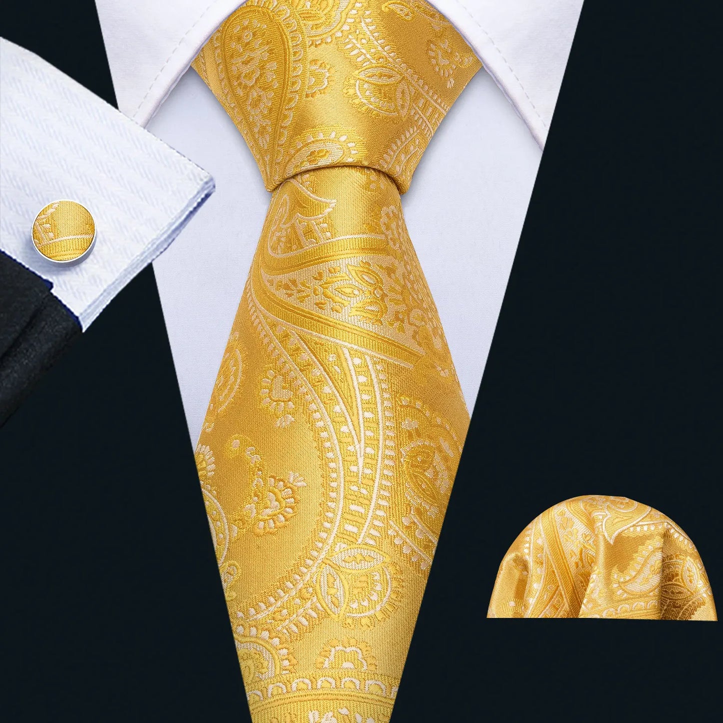 Fashion Silk Men Tie Set Gold Yellow Orange Solid Paisley Striped Plaid Floral Necktie Pocket Square Cufflinks Wedding Business