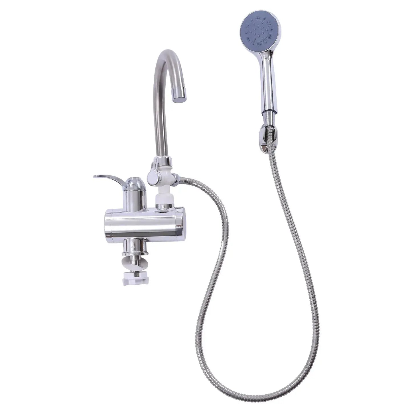 360 °   Drehbarer elektrischer Wasserhahn mit LCD-Display, 3000 W, schnelles Aufheizen, IPX4, wasserdicht, EU-Stecker für Waschbecken und Dusche, Silber