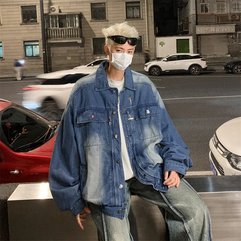 Washed Black Cargo Denim Jacket Men Baggy Zip Up Distressed Outerwear American High Street Blue Loose Casual Jeans Jacket