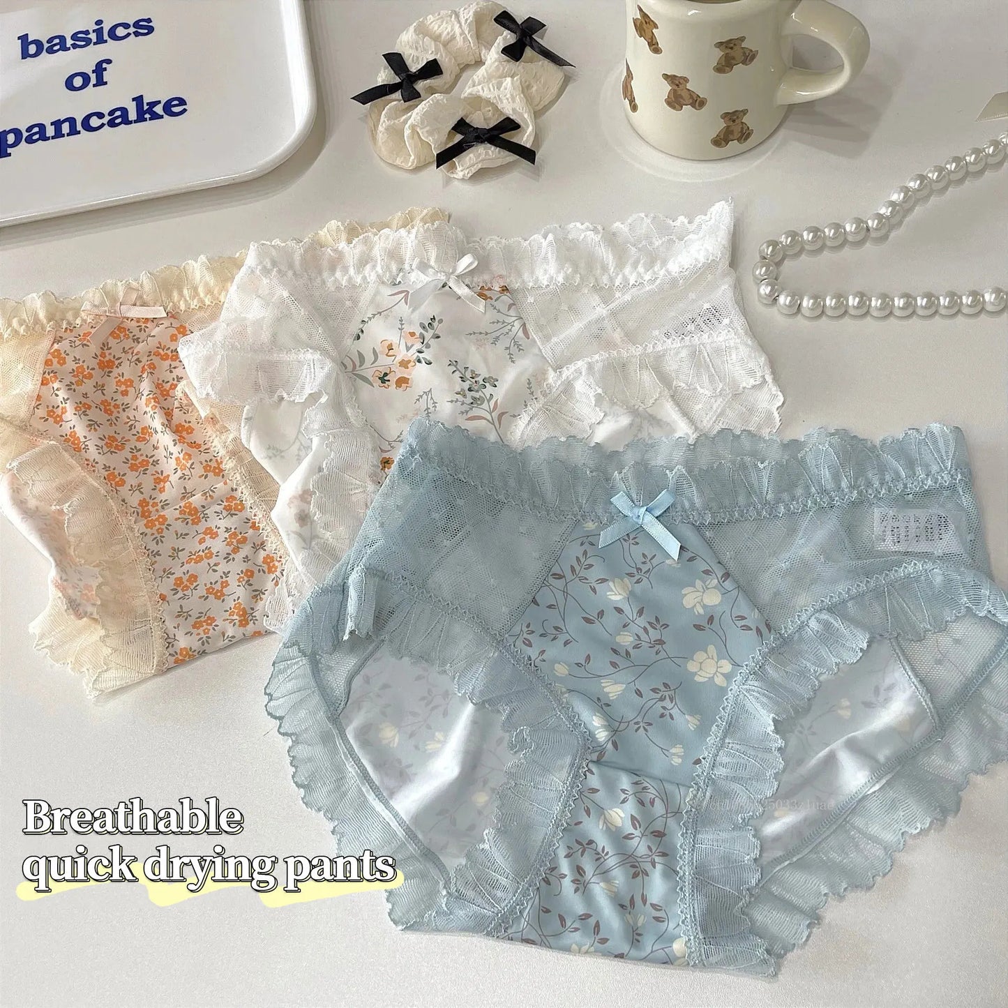 Floral Lace Women's Panties Middle Waist Plus Size Fashion Ice Silk Briefs Quick-drying Cotton Crotch Underpants Female Lingerie