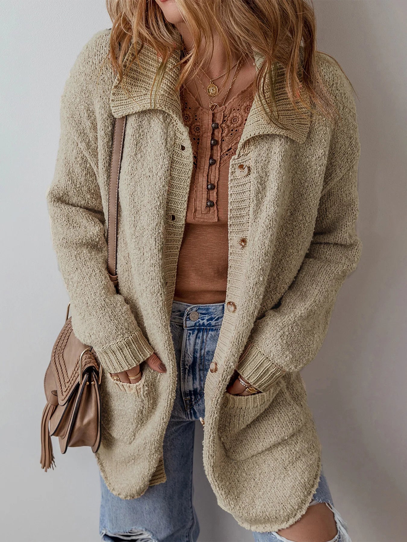 Nowsaa Cardigan Mantel Damen - Einreihig Mit Taschen Turn-Down Kragen - Größe Regular, Gewicht 120–220 g/m2