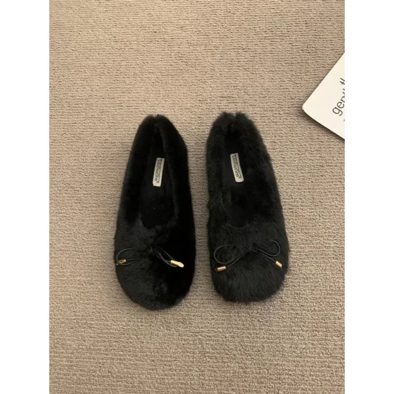 New Women's Shoes Woman Flats Low Heels Casual Female Sneakers Slip-on Loafers Fur Round Toe Shallow Mouth Boat Slip on Winter