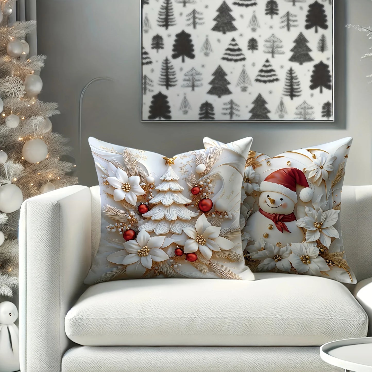 4PCS Set of Holiday Velvet Christmas Pillow Covers with Santa Claus, Snowman, Reindeer, and Poinsettia - Without Lining