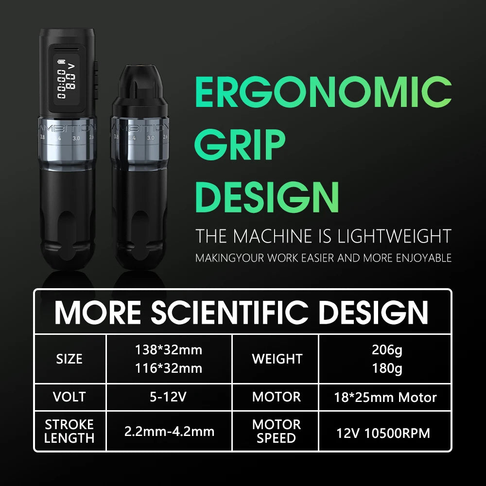 Aparat de tatuat 2025 - Ambition MARS-U Wireless Profesional Cursă reglabilă 2-4mm - Motor fără miez 1800mAh 