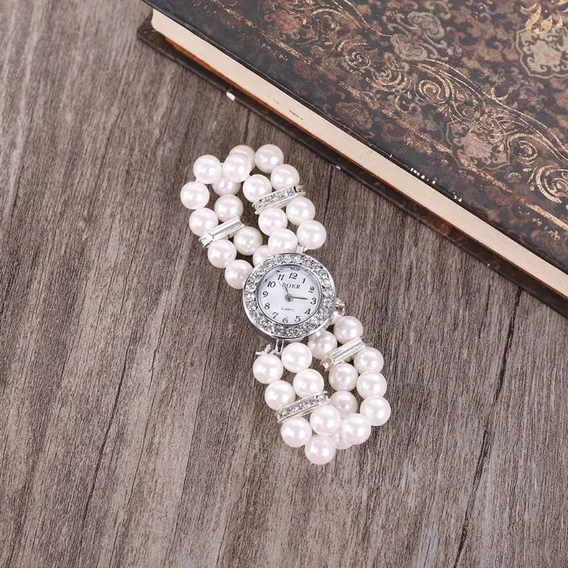 Frauen Uhr Simulierte Perlen Strass Luxus Mode Elegant Handgelenk Band Armband Schmuck Geschenke Dame Elastisch Universal Charms
