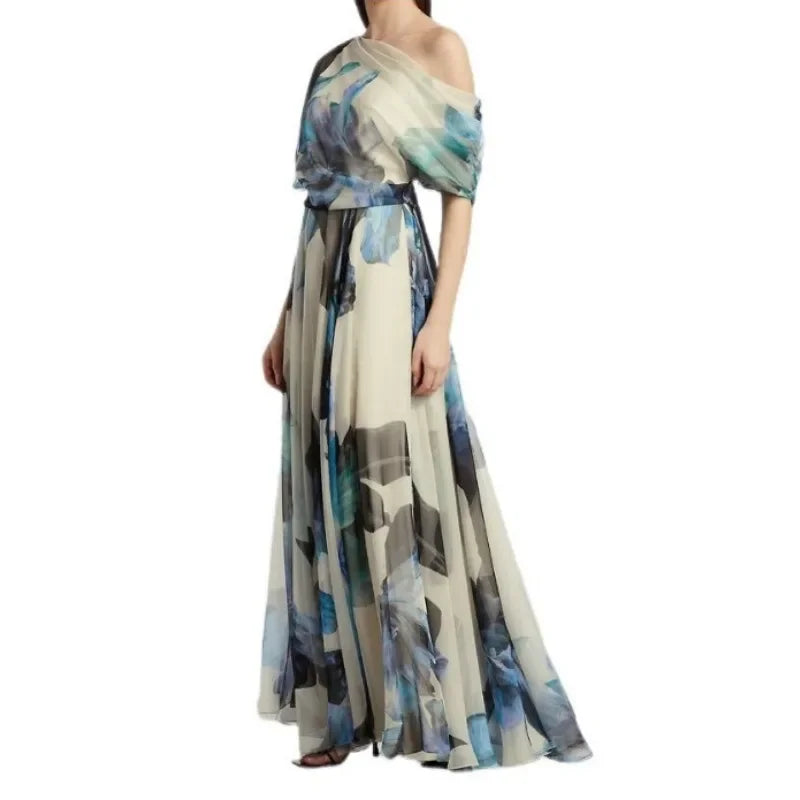 Elegant Women Bohemian Dress Y2K Chic Clothes Sexy Fashion One Shoulder Short Sleeve High Waist Pleated Vacation Long Dress