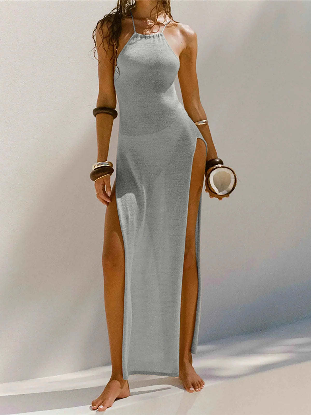 Elegant 12 Farben High Slit Häkel Gestrickt Maxi Kleid - Lang Strand Cover Up Urlaub Party Kleider Strandmode