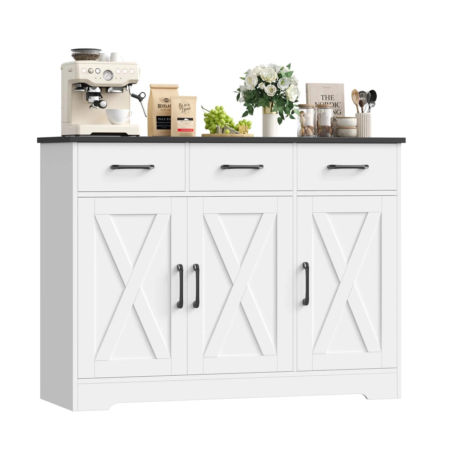 Sideboard, Küchenschrank mit 3 Schubladen und 3 Türen für Küche, Buffetschrank mit Arbeitsplatte, für Esszimmer, Wohnzimmer, Hol by Golden Bridge Store
