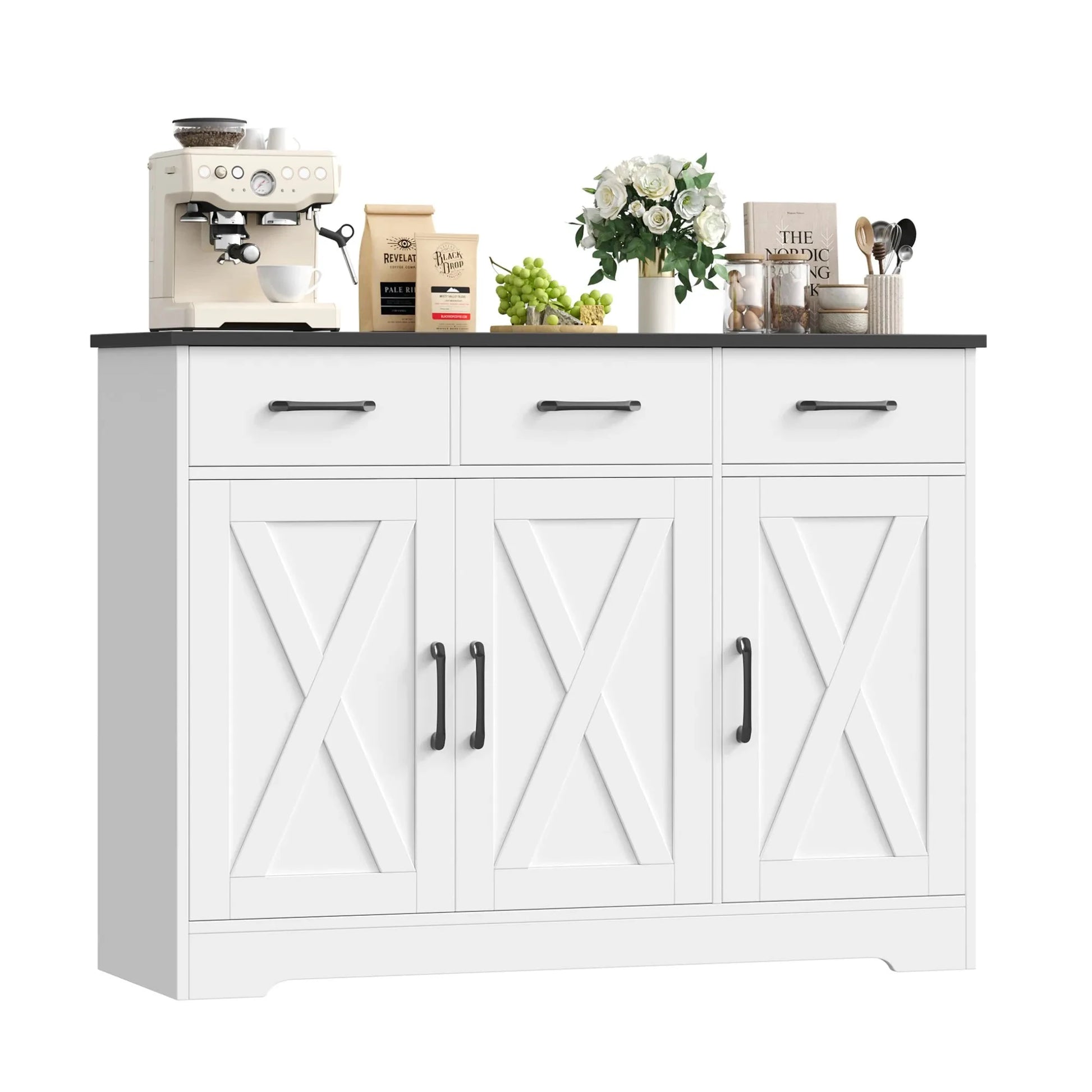 Sideboard, Küchenschrank mit 3 Schubladen und 3 Türen für Küche, Buffetschrank mit Arbeitsplatte, für Esszimmer, Wohnzimmer, Hol by Golden Bridge Store