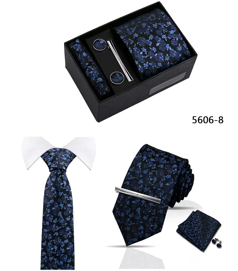 Elegant Men's Suit Necktie Gift Box Set Floral Tie Handchief Cufflinks Tie Clip 4-Piece Business Wedding Party Suit Accessories