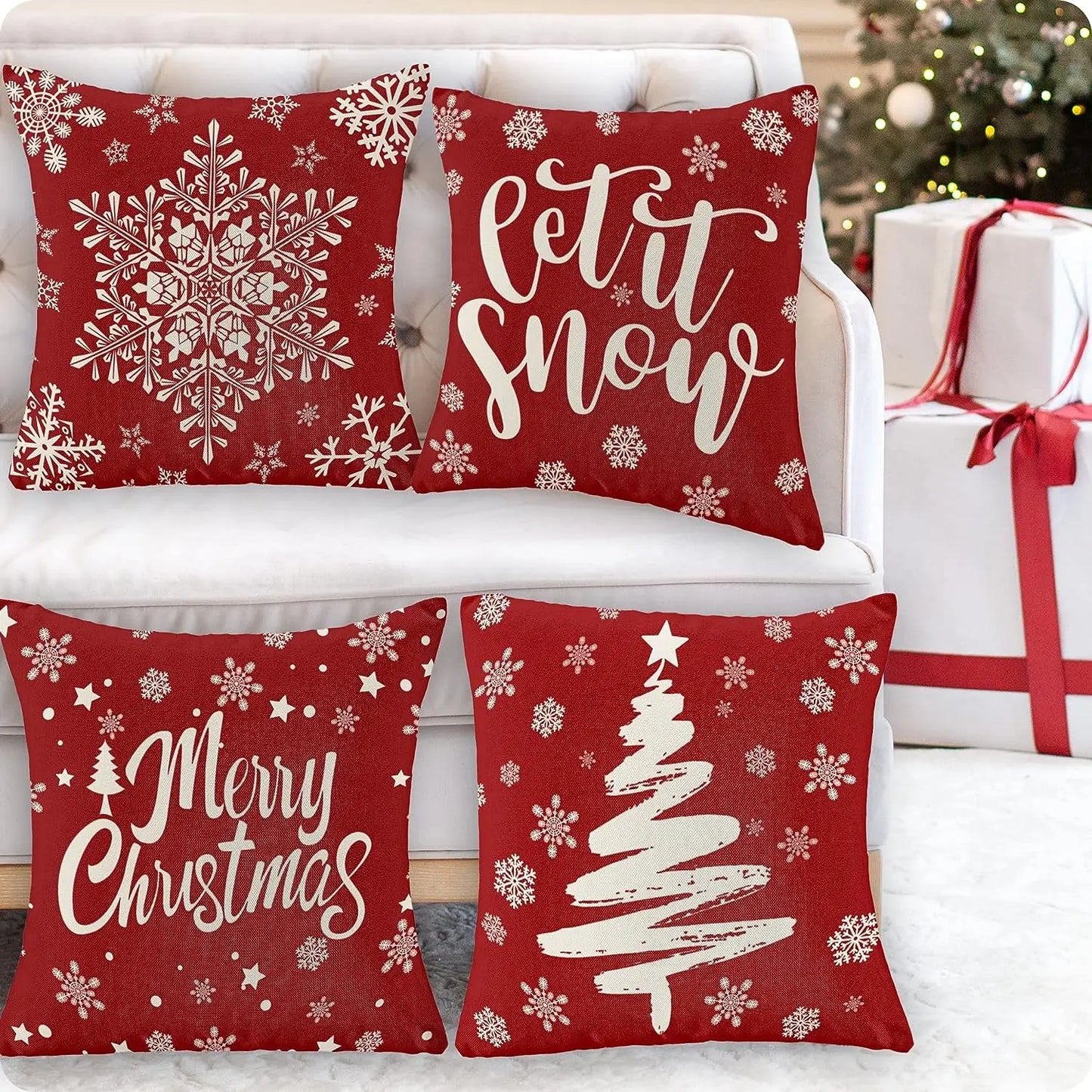 Christmas Pillowcase, Red Pillow Cover Farmhouse Snowflake Christmas Linen Pillowcase Suitable for Sofa Home Decoration