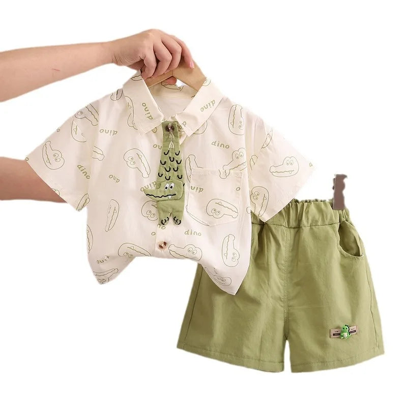 Children Clothes Sets Kids Sport Boys Causal Full Printe Crocodile Shirt Shorts with Tie 2Pcs Infant Baby Tracksuits 0-5 Ages