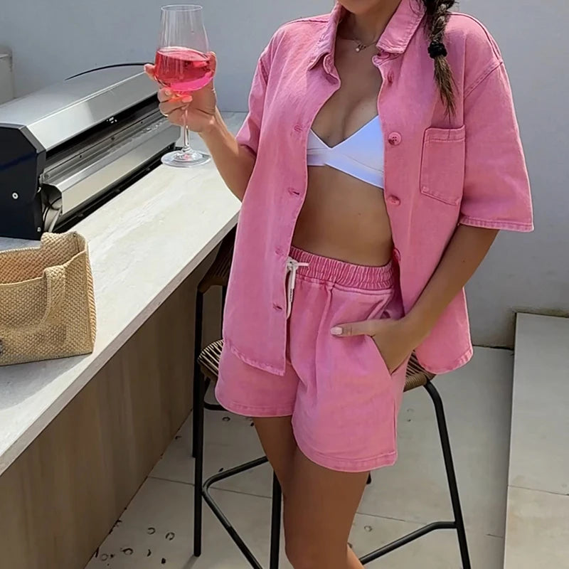 Casual Summer Denim Women's Two Piece Fashion Lapel Button Shirt with Tie Up Shorts Suit 2025 High Street Pocket Loose Outfits