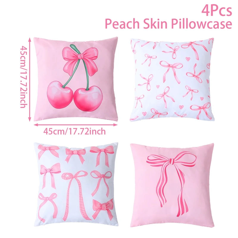 4pcs Pink Bow Cherry Pattern Printed Pillowcase Birthday Cushion Cover Sofa Cushion Cover Pink Bow Party Decoration Supplies