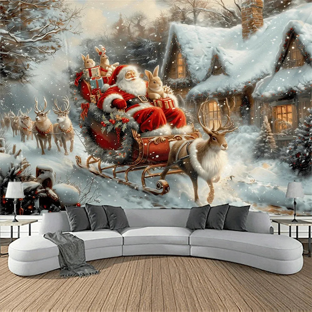 1pcs Santa Claus Sleigh Tapestry for Snow Town Scenery Wall Hanging in Living Room and Bedroom Holiday Party Decoration