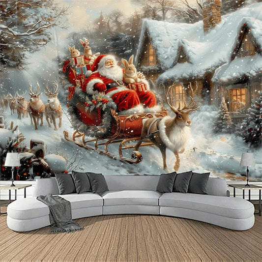 1pcs Santa Claus Sleigh Tapestry for Snow Town Scenery Wall Hanging in Living Room and Bedroom Holiday Party Decoration