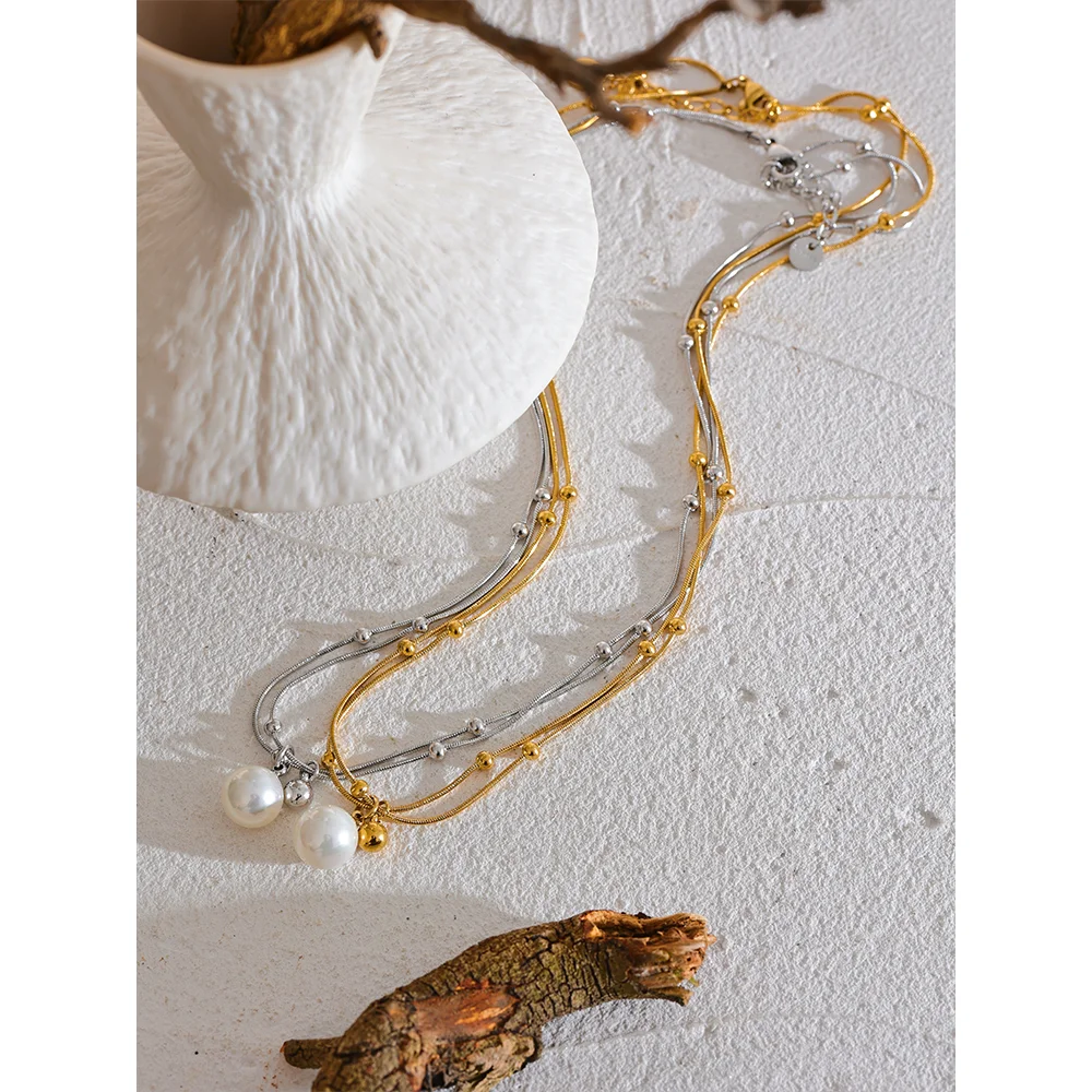 Yhpup Elegant imitație de perle din oțel inoxidabil rotund mărgele lanț colier pandantiv pentru femei culoare auriu-argint bijuterii coreene