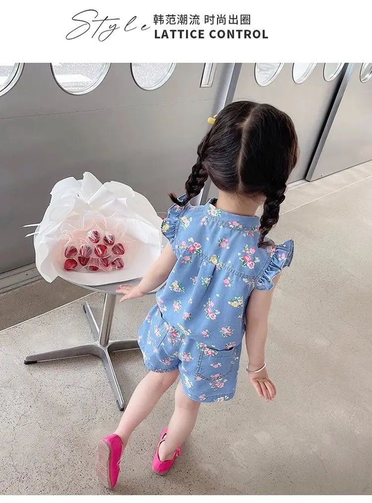 Children's Clothing Sets Floral Print Lace Sleeveless Top + Shorts 2pcs Sets  Baby Girl Outfit Set Kids Clothes for Girls