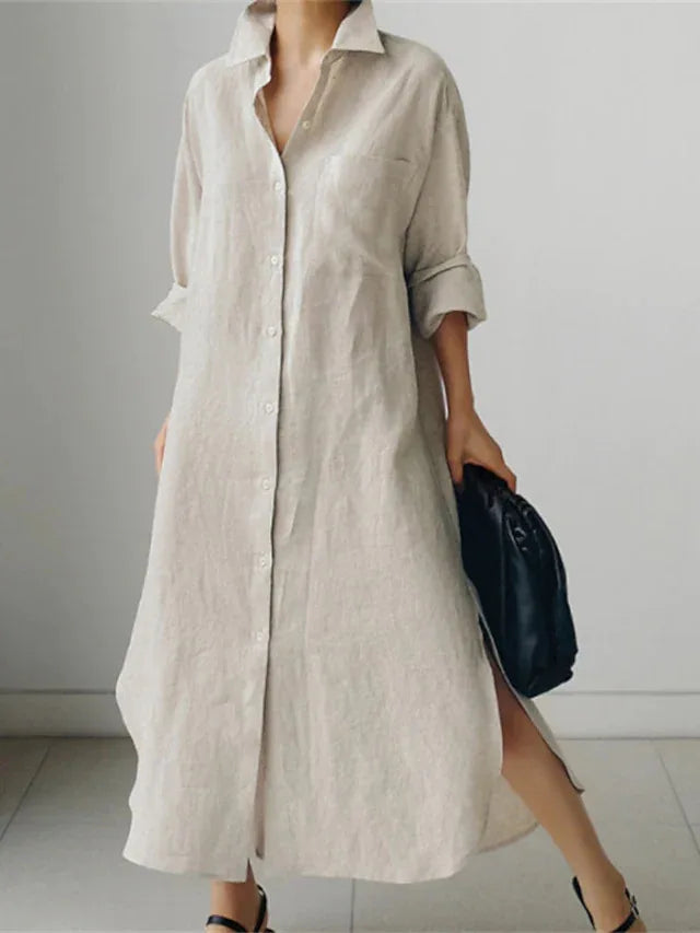 Elegant Women Shirts Dress Spring Fashion V-neck Long Sleeve Cotton Linen Maxi Dresses Ladies Casual Holiday Vestidos 2024 Robes