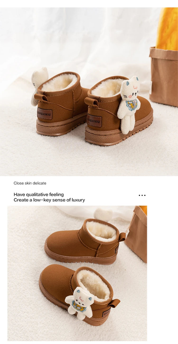 Kinder-Schneestiefel mit niedlichen Bären, Kinder-Stiefeletten, vielseitige Mode, 2025, Winter, neue warme Stiefel für Jungen und Mädchen, dickes Fell, rutschfest