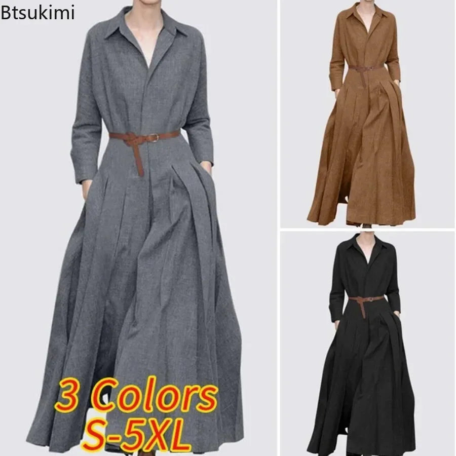 Elegant Shirt Dress for Women Fashion Lapel Temperament Long Dress Spring Autumn New Casual Office Ladies Maxi Dress Modest Robe