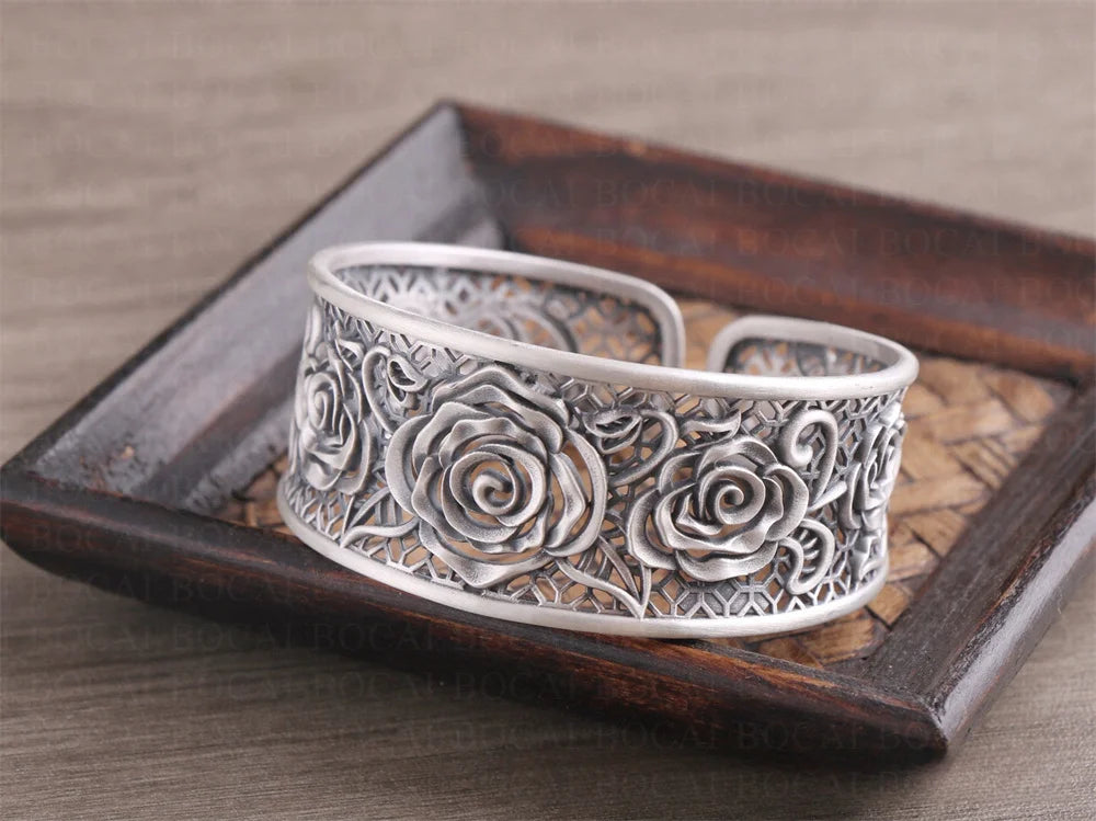 Handcrafted s999 sterling silver rose filigree bangle wide bracelet unique artisan design