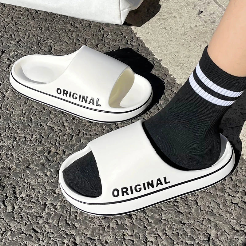 Feslishoet Frauen Buchstaben Hausschuhe Strand Slides Solid Farbe Herren Dick Sohle Innen Badezimmer Anti Rutsch Schuhe Sommer Paar Sandalen