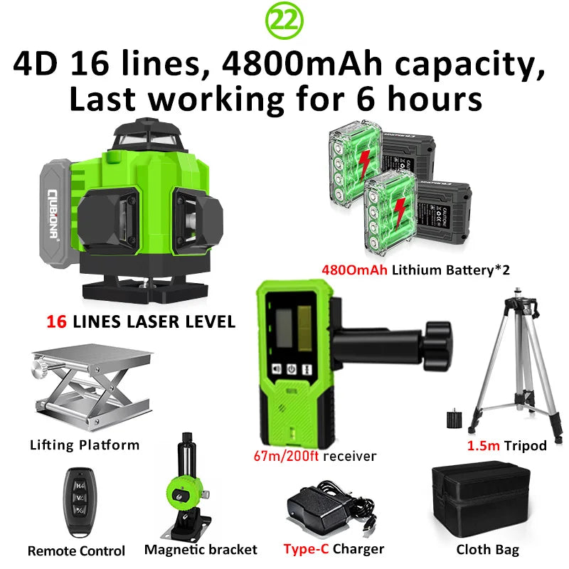 CLUBIONA 16/12 lines Self-leveling Remote Control Outdoor Mode - Receiver Auto 3x360 Green beam Line Laser Level