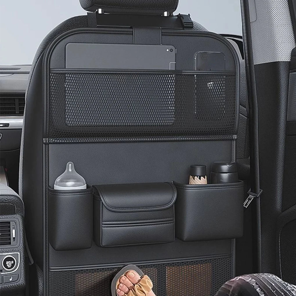 Car Seat Back Organizer PU Leather All in One Car Seat Back Storage Bag with Foldable Table Tray  Tissue Holder Anti Kick Pad