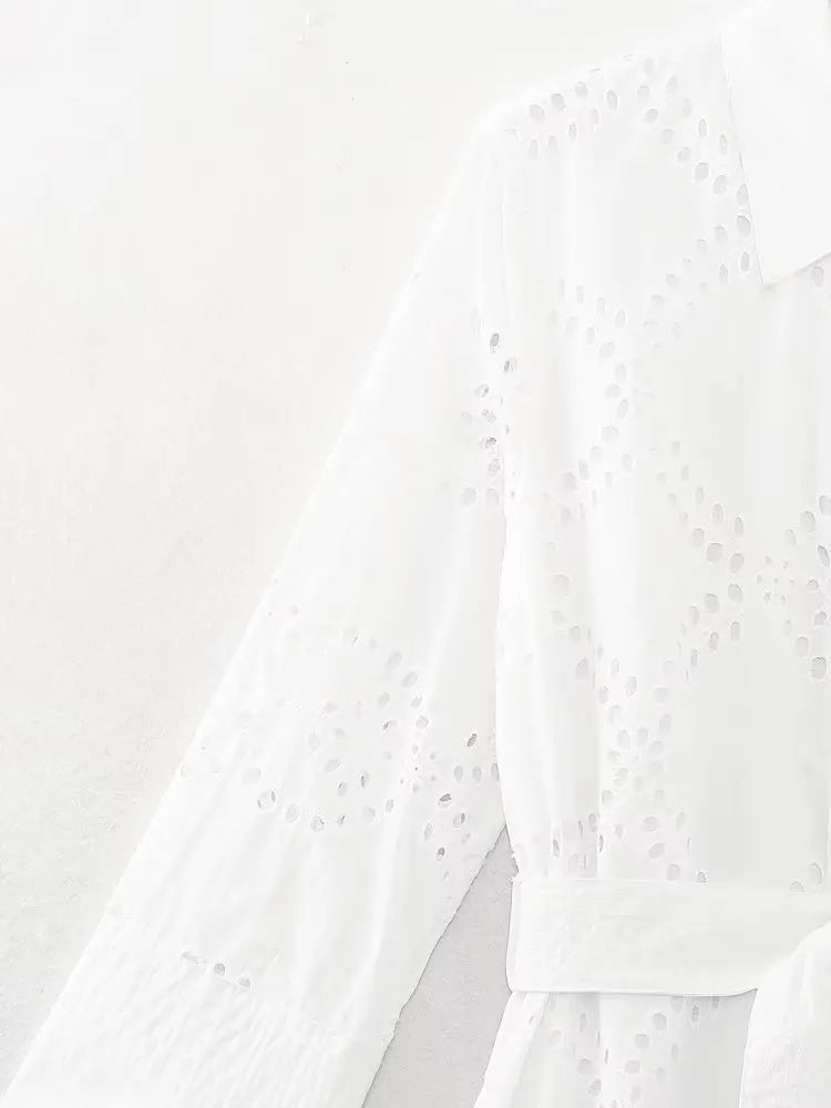 Elegant Embroidered White Dress Women Chic Lapel Long Sleeve High Waist Lace Up Maxi Dresses Fashion Female Hollow Out Vestidos