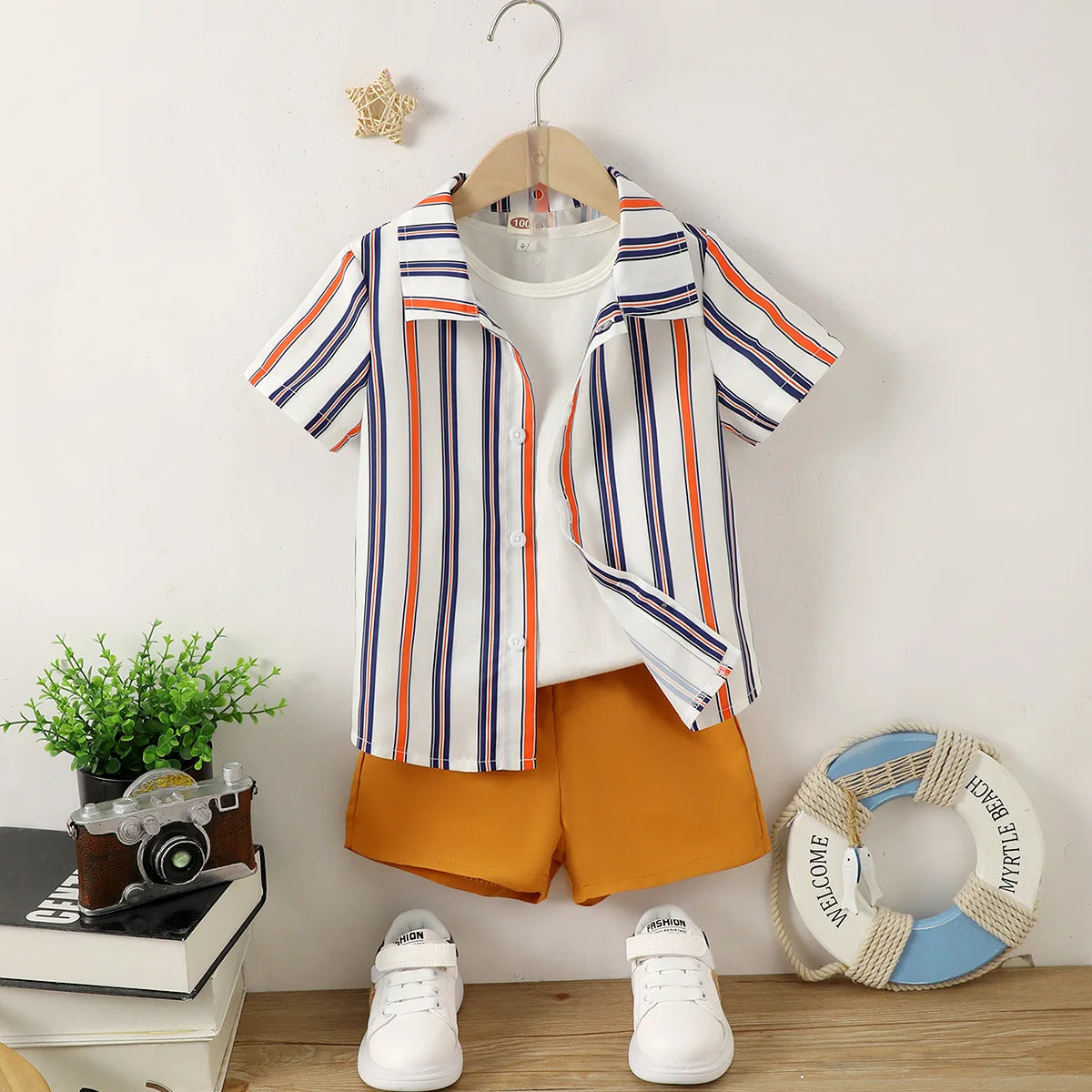Summer boys' fashion striped printed short sleeved shirt shorts set, boys' baby fashion casual shorts set