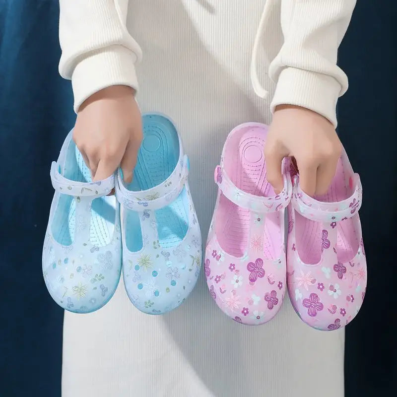 Women's Pink Floral & Butterfly Print Transparent T - Strap Jelly Sandals - Comfortable & Stylish Summer Printed Hole Shoes