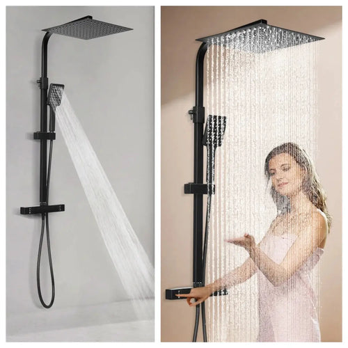 Schwarzes Regenduschset mit Thermostat, Badezimmer-Wandmontage, 30 cm langer quadratischer Kopfduschkopf, verstellbare Winkel, modern