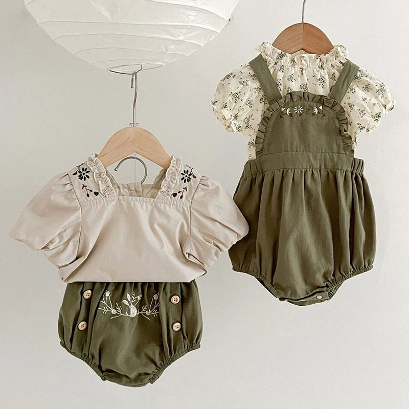 Infant Baby Girls Short Sleeve Green Printing Tops Shorts 2Pcs Clothing Sets Summer Baby Girls Children's Clothes Suit 0-3Yrs
