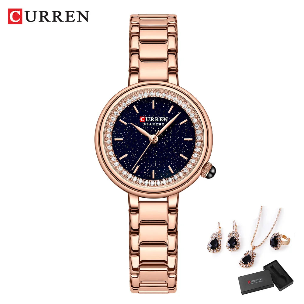 CURREN Luxus Uhr Damen Ring Halskette Ohrringe - Strass Mode Armbanduhr Weiblich Casual Damen Uhren Armband 5-teiliges Set