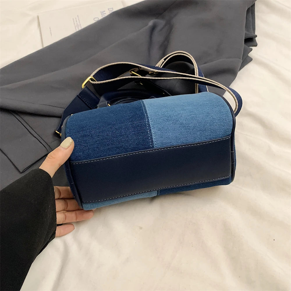 Genți de mână mini cu blocuri de culoare patchwork pentru femei, genți de umăr din denim, genți crossbody, geantă casual de stradă mică, geantă Boston, 2024, poșete de designer