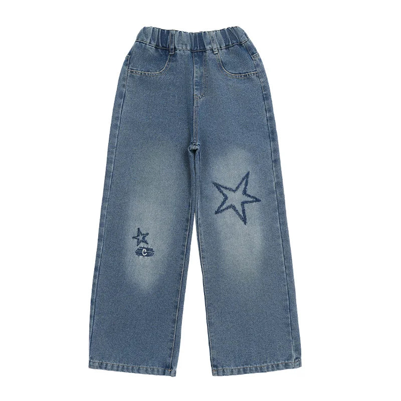 Jeans For Girl Spring Embroidery Star Pattern Wide Leg Denim Pants Kids Casual Style Children Loose Clothes 6 8 9 10 12 14 Years
